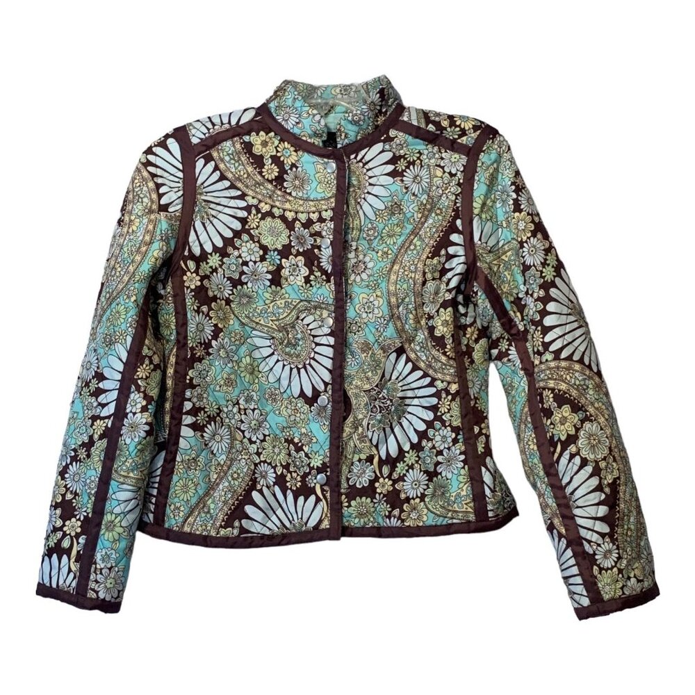 Silkland Quilted Silk Floral Jacket Mandarin Collar Snap Front Medium